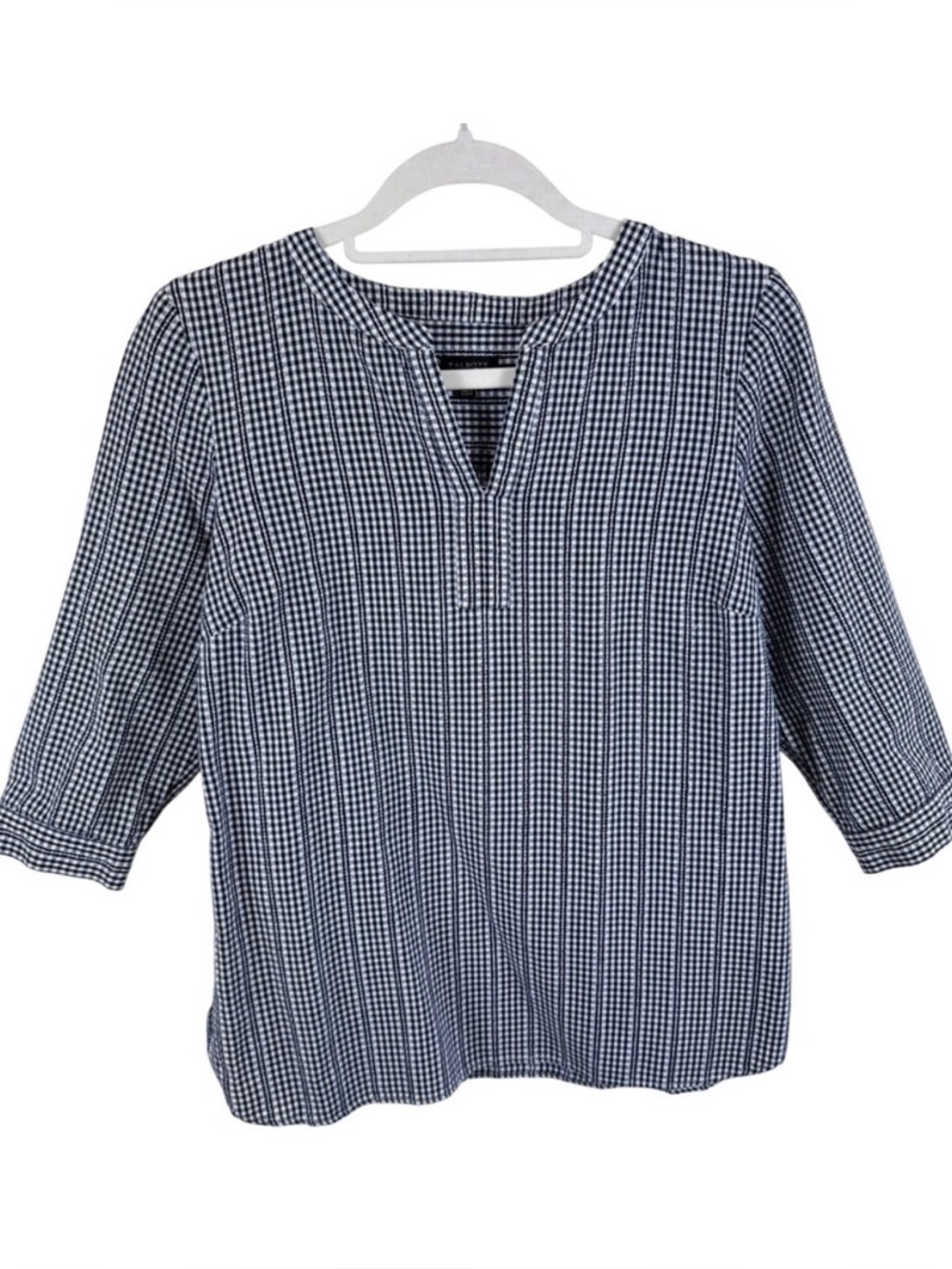 Talbots Petite Medium Navy White Gingham Split Neck 3/4 Sleeve Cotton Blouse Top